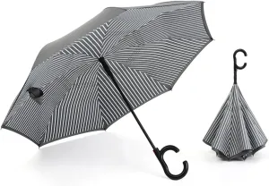 JITEM Inverted Reverse Umbrella w/C-Shaped Handle Double Canopy Stick Vented Windproof Waterproof Umbrella Hands Free Striped Auto Open Umbrella