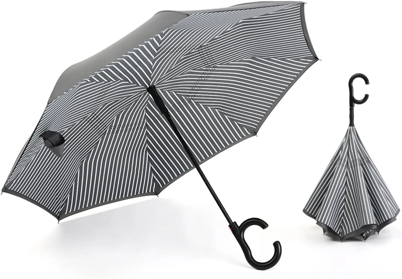 JITEM Inverted Reverse Umbrella w/C-Shaped Handle Double Canopy Stick Vented Windproof Waterproof Umbrella Hands Free Striped Auto Open Umbrella