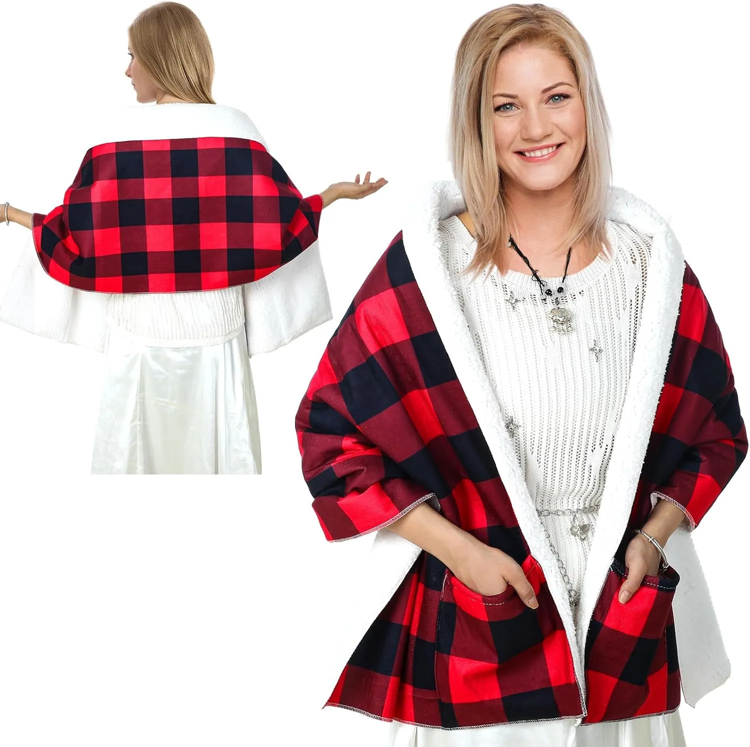 Jiuguva Warm Shawl Wraps for Women Plaid Christmas Gifts for Elderly Grandma Gifts Flannel Warm Shawl Wrap with Large Front Pocket for Senior Women Grandma