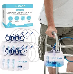 JJ CARE 2000 ml Urinary Drainage Bag w/ 48" Drainage Tube (Pack of 6), Disposable Anti-Reflux Chamber Urine Bags with Double Hook Hanger, Leak Resistant Vinyl Catheter Bags for Men and Women