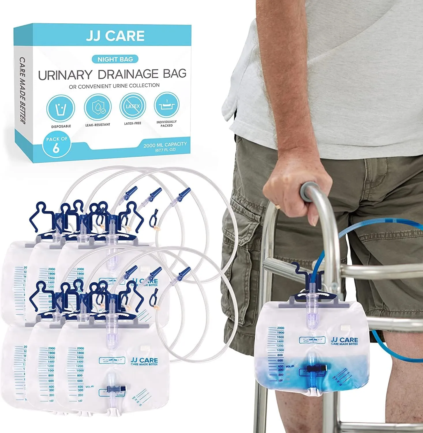 JJ CARE 2000 ml Urinary Drainage Bag w/ 48" Drainage Tube (Pack of 6), Disposable Anti-Reflux Chamber Urine Bags with Double Hook Hanger, Leak Resistant Vinyl Catheter Bags for Men and Women