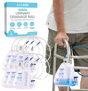 JJ CARE Catheter Bags - Pack of 6 Urinary Drainage, 2000 ml With 42" Tube, Disposable Anti-Reflux Chamber, Leak Proof Vinyl With Double Hook Hanger for Men & Women