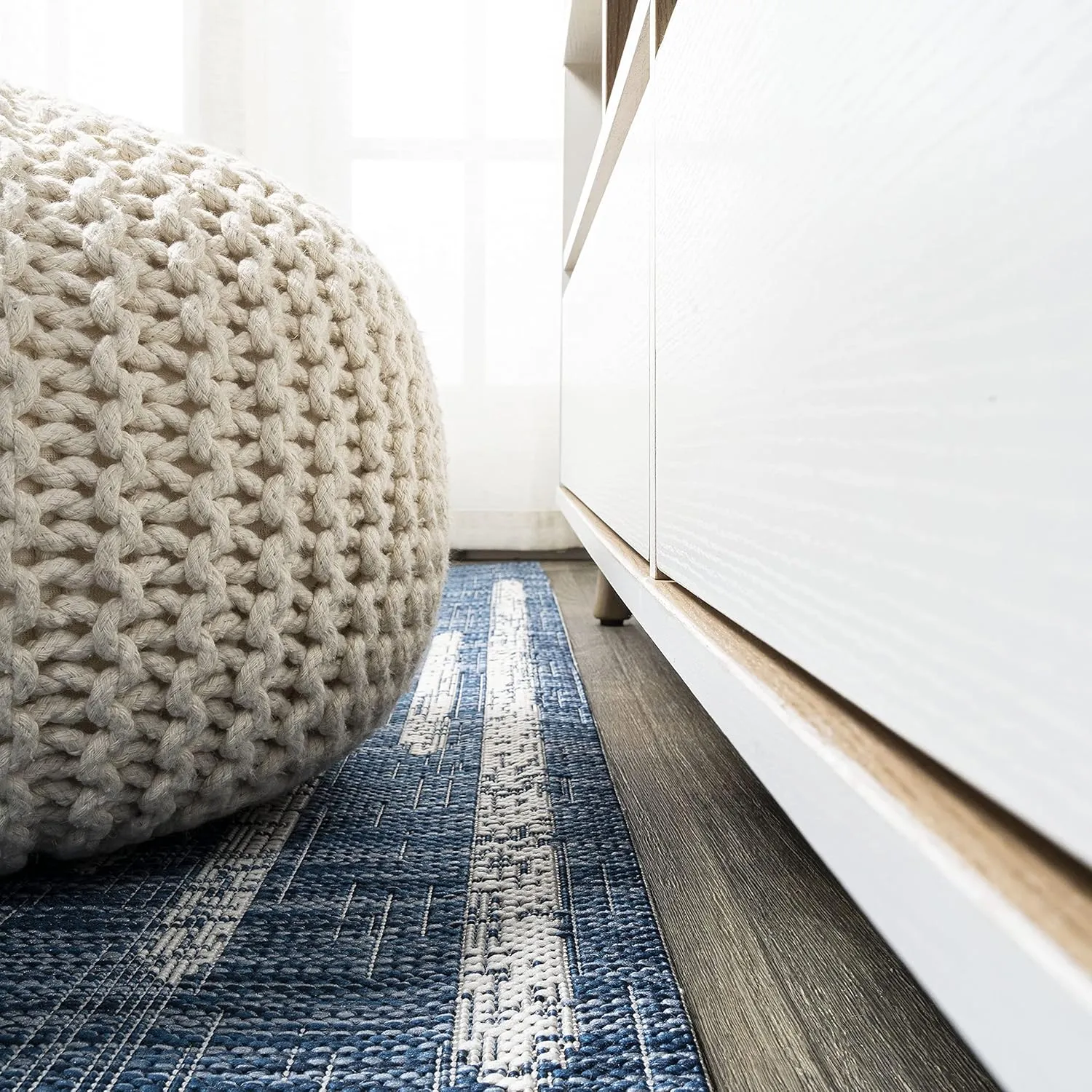 JONATHAN Y SMB124C-28 Zolak Berber Stripe Geometric Indoor Outdoor Runner Rug Bohemian Contemporary Easy Cleaning Bedroom Kitchen Backyard Patio Non Shedding, 2 X 8, Blue/Ivory