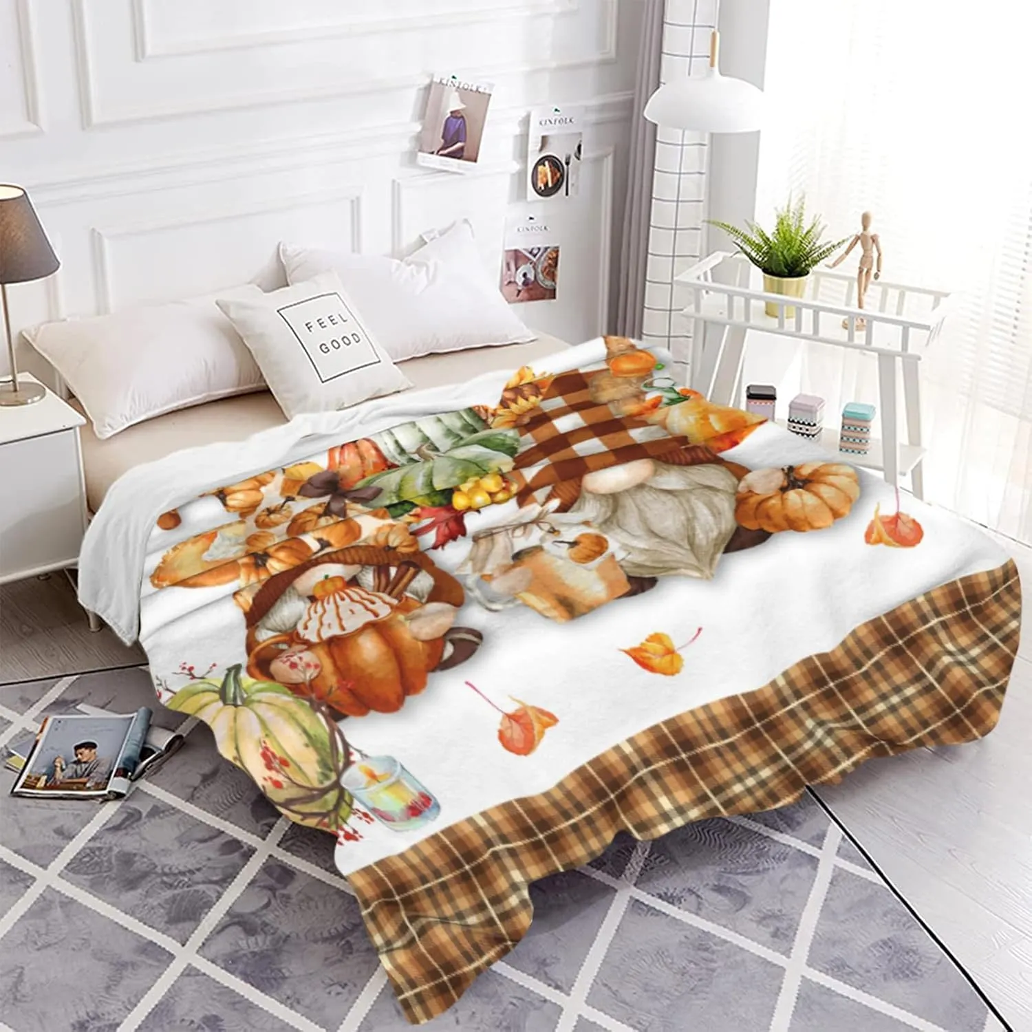 JOOCAR Beige Plaid Fall Decor Flannel Throw Blanket 60x80 Inch, Gnome Autumn Harvest Sweet Pumpkin and Maple Leaf Cozy and Soft Plush Warm Blankets for Bed Couch Living Room Sofa Chair