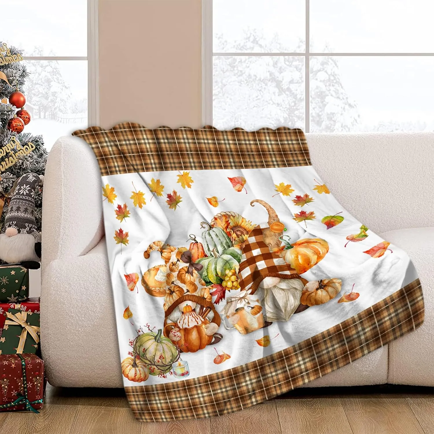 JOOCAR Beige Plaid Fall Decor Flannel Throw Blanket 60x80 Inch, Gnome Autumn Harvest Sweet Pumpkin and Maple Leaf Cozy and Soft Plush Warm Blankets for Bed Couch Living Room Sofa Chair