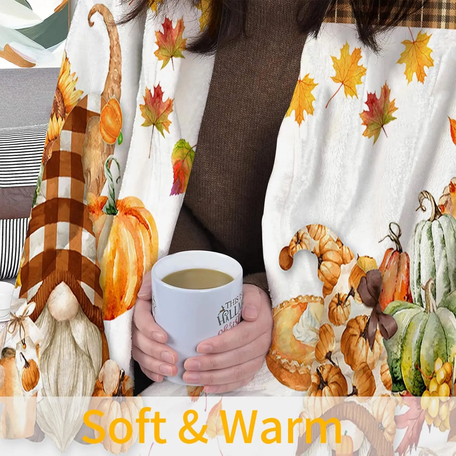 JOOCAR Beige Plaid Fall Decor Flannel Throw Blanket 60x80 Inch, Gnome Autumn Harvest Sweet Pumpkin and Maple Leaf Cozy and Soft Plush Warm Blankets for Bed Couch Living Room Sofa Chair