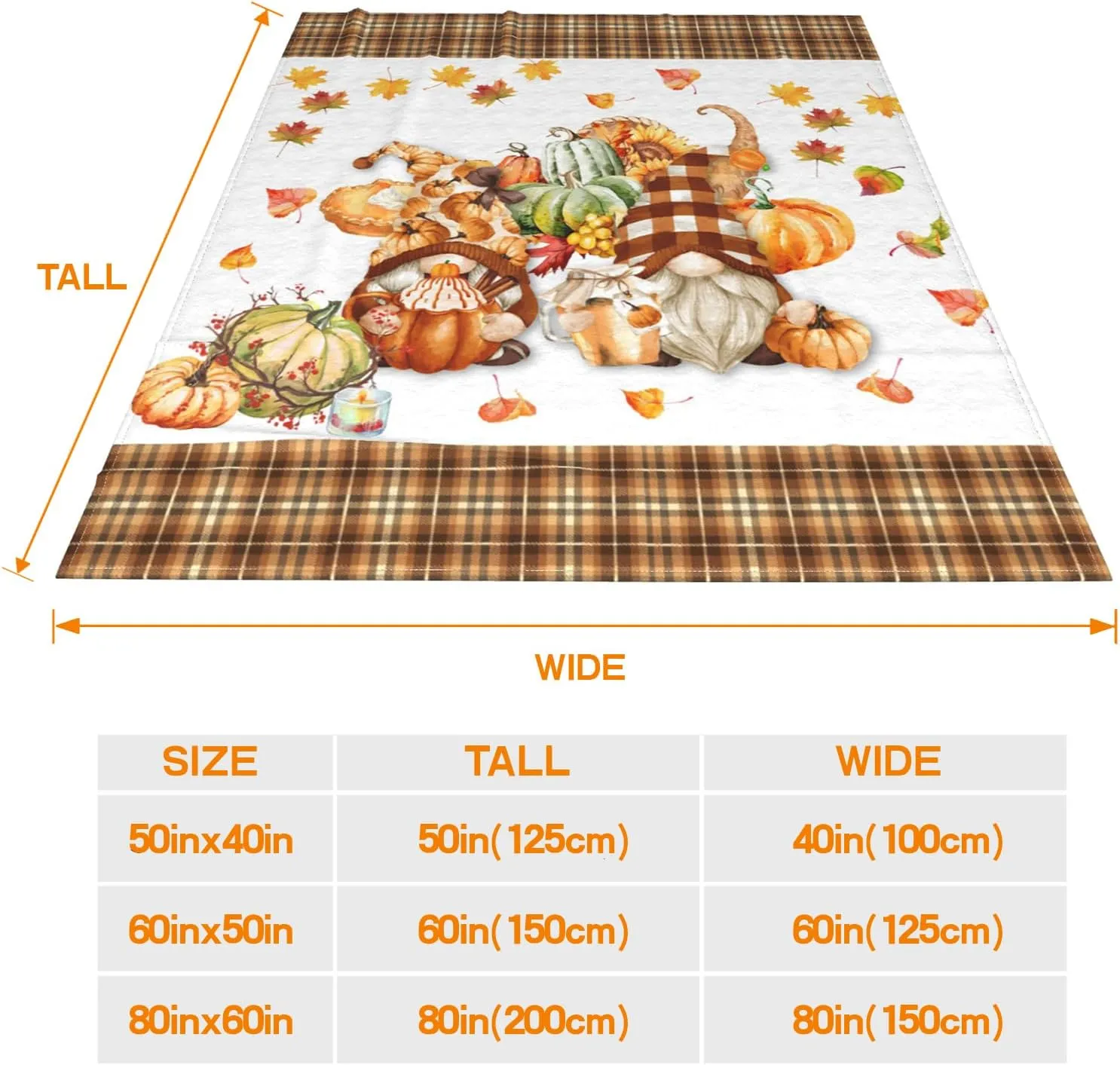 JOOCAR Beige Plaid Fall Decor Flannel Throw Blanket 60x80 Inch, Gnome Autumn Harvest Sweet Pumpkin and Maple Leaf Cozy and Soft Plush Warm Blankets for Bed Couch Living Room Sofa Chair