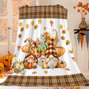 JOOCAR Beige Plaid Fall Decor Flannel Throw Blanket 60x80 Inch, Gnome Autumn Harvest Sweet Pumpkin and Maple Leaf Cozy and Soft Plush Warm Blankets for Bed Couch Living Room Sofa Chair