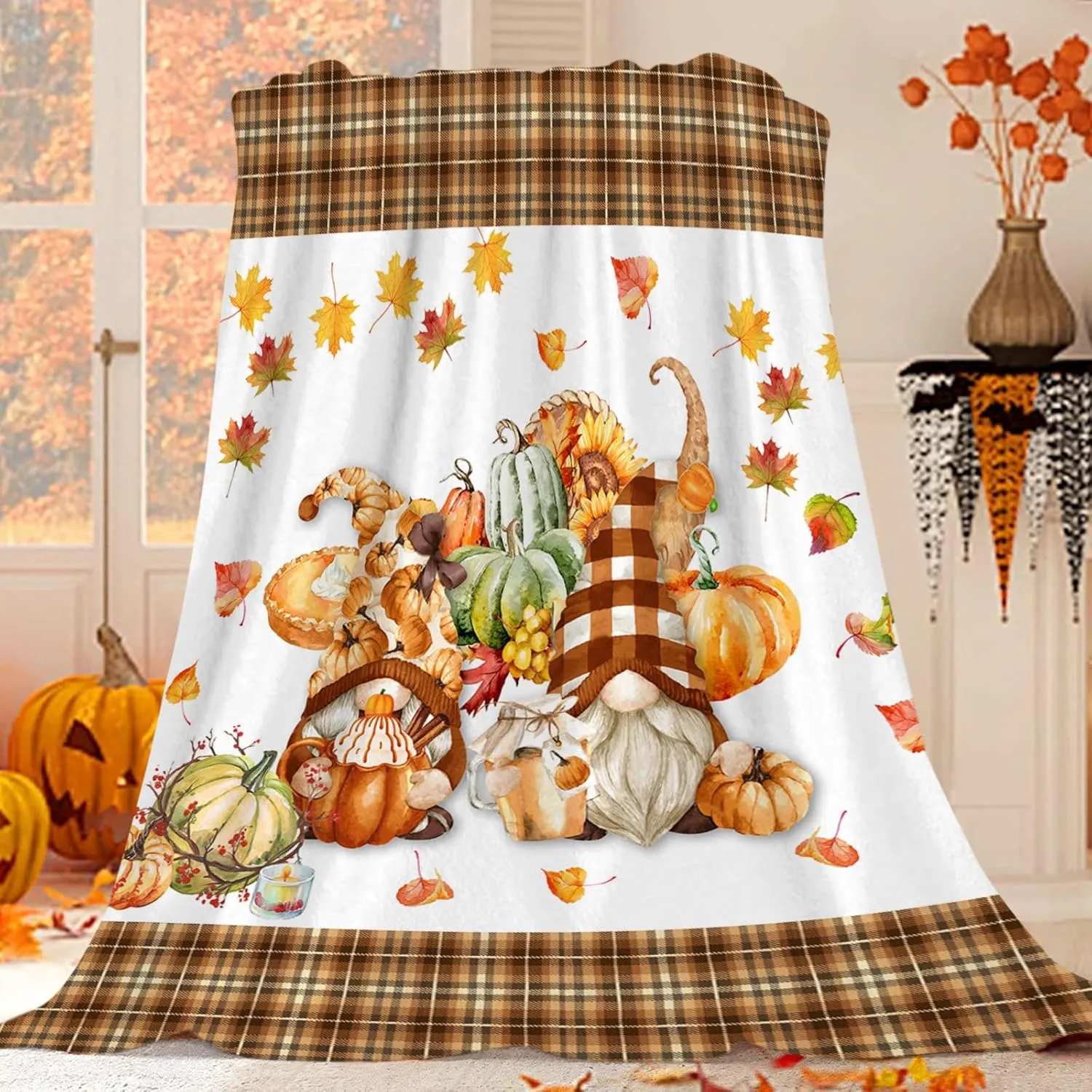 JOOCAR Beige Plaid Fall Decor Flannel Throw Blanket 60x80 Inch, Gnome Autumn Harvest Sweet Pumpkin and Maple Leaf Cozy and Soft Plush Warm Blankets for Bed Couch Living Room Sofa Chair