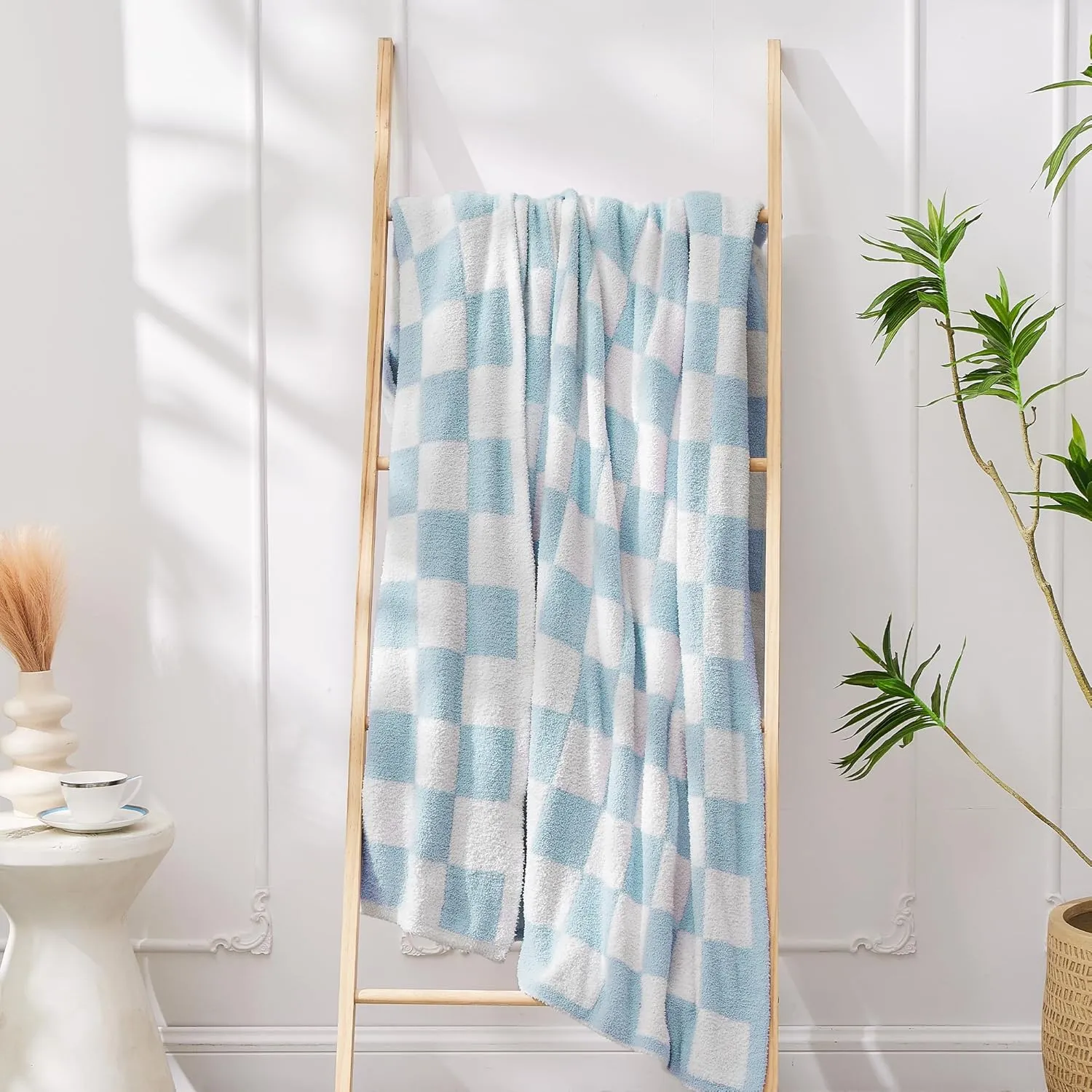 JOOJA Soft Cozy Checkerboard Blue Blanket - Fluffy Knit Throw for Couch - Plaid Checkered - 50x60 in