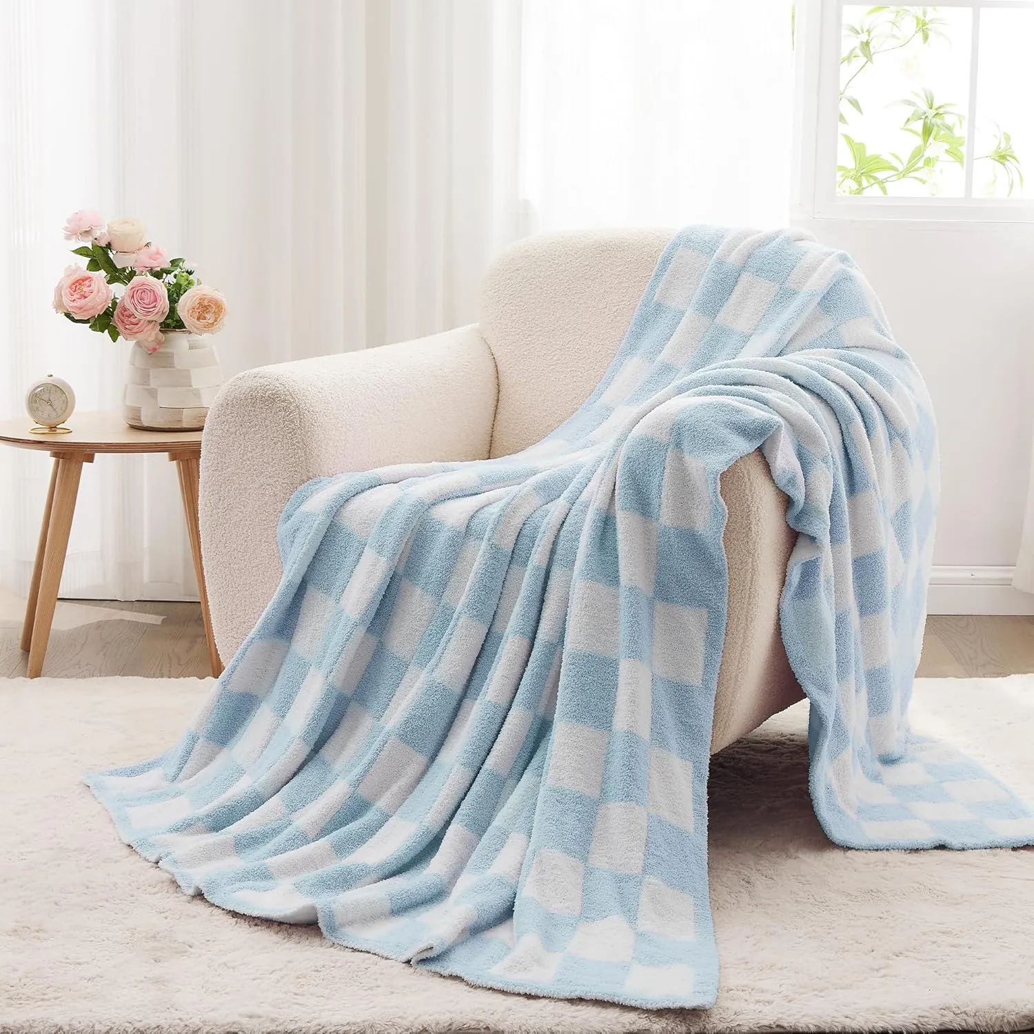JOOJA Soft Cozy Checkerboard Blue Blanket - Fluffy Knit Throw for Couch - Plaid Checkered - 50x60 in