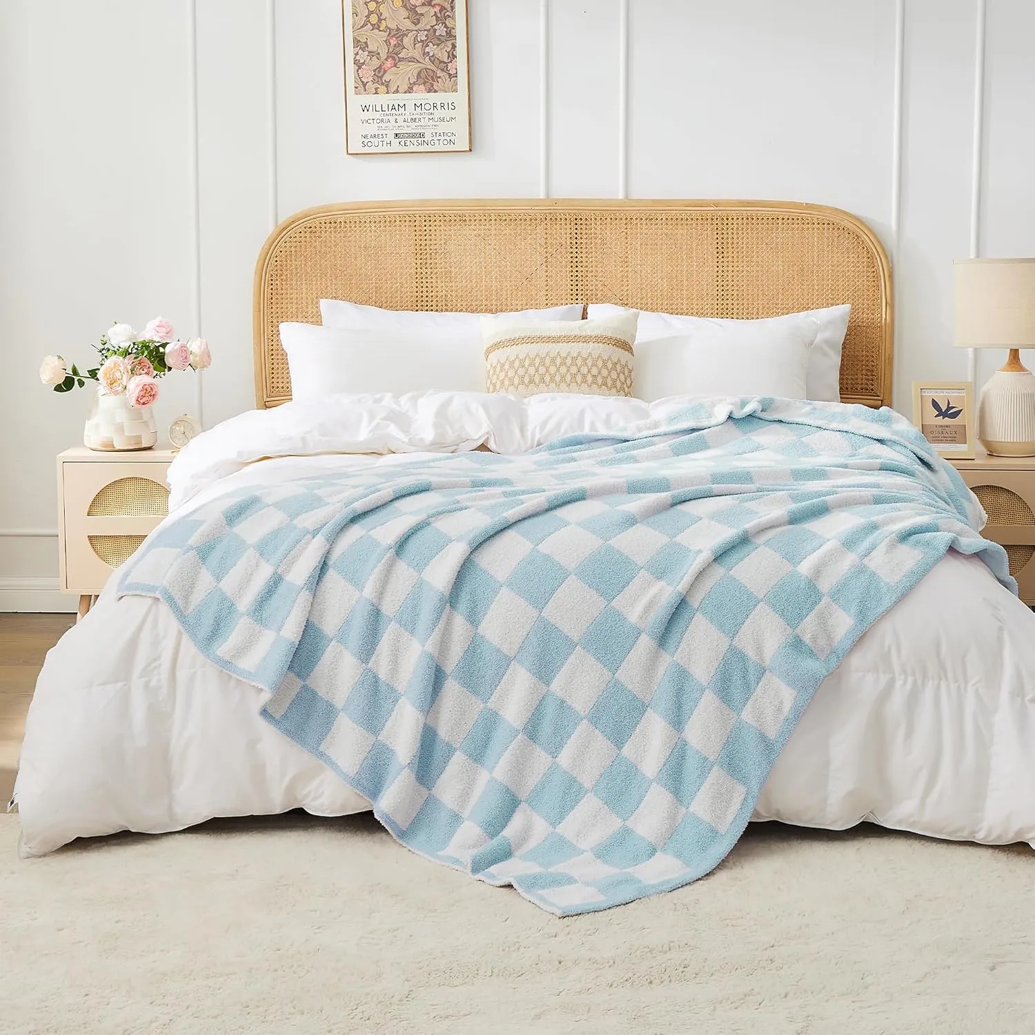 JOOJA Soft Cozy Checkerboard Blue Blanket - Fluffy Knit Throw for Couch - Plaid Checkered - 50x60 in