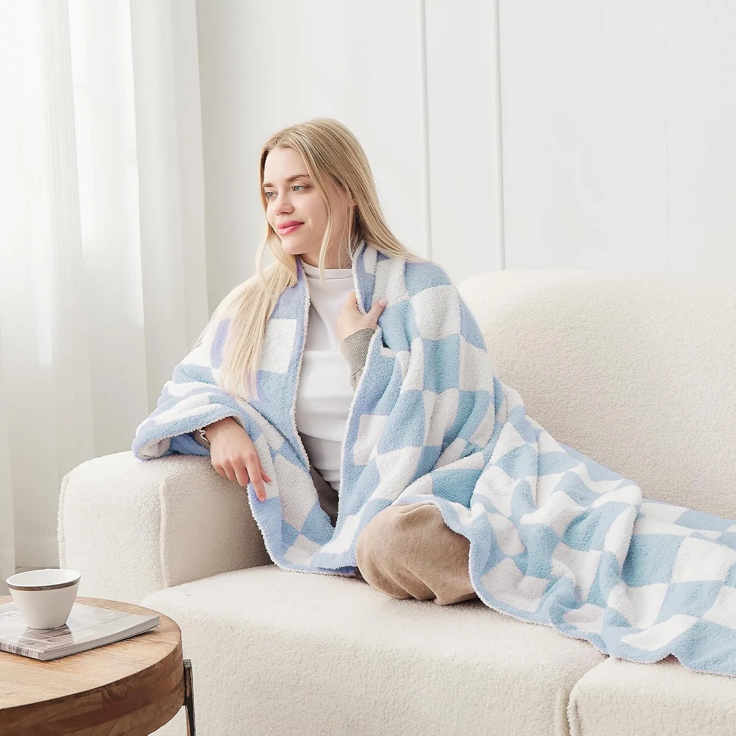 JOOJA Soft Cozy Checkerboard Blue Blanket - Fluffy Knit Throw for Couch - Plaid Checkered - 50x60 in