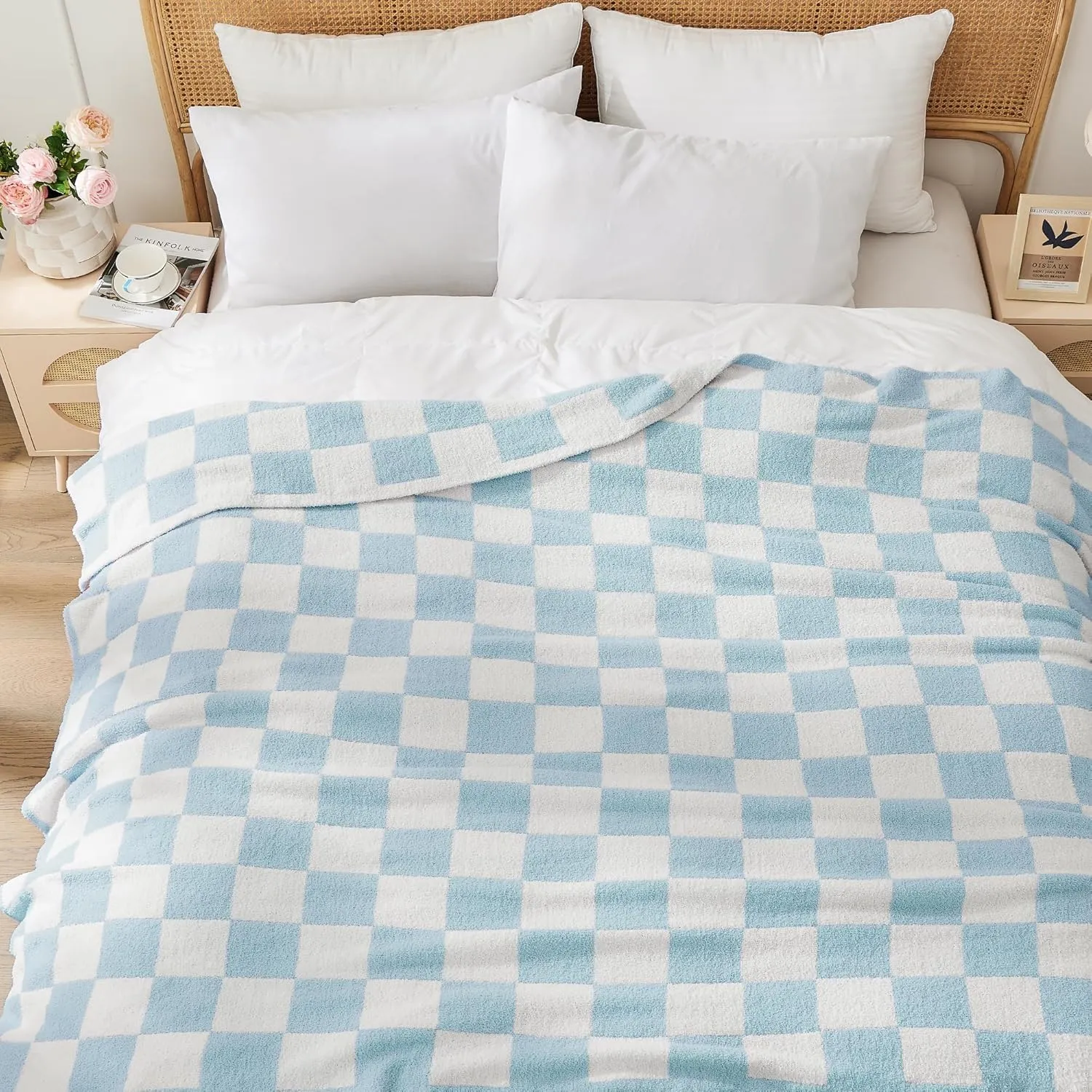 JOOJA Soft Cozy Checkerboard Blue Blanket - Fluffy Knit Throw for Couch - Plaid Checkered - 50x60 in