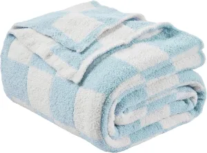 JOOJA Soft Cozy Checkerboard Blue Blanket - Fluffy Knit Throw for Couch - Plaid Checkered - 50x60 in