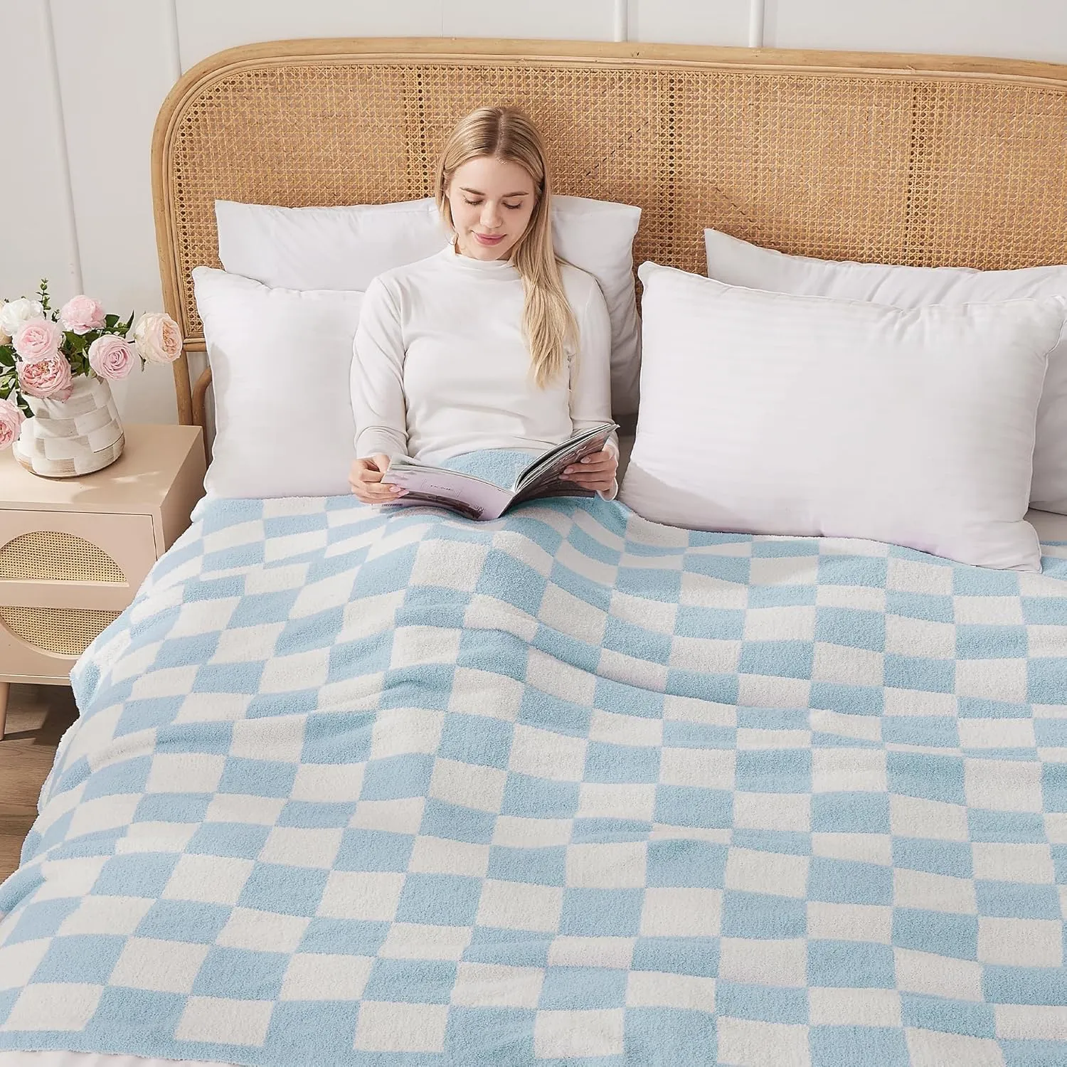 JOOJA Soft Cozy Checkerboard Blue Blanket - Fluffy Knit Throw for Couch - Plaid Checkered - 50x60 in