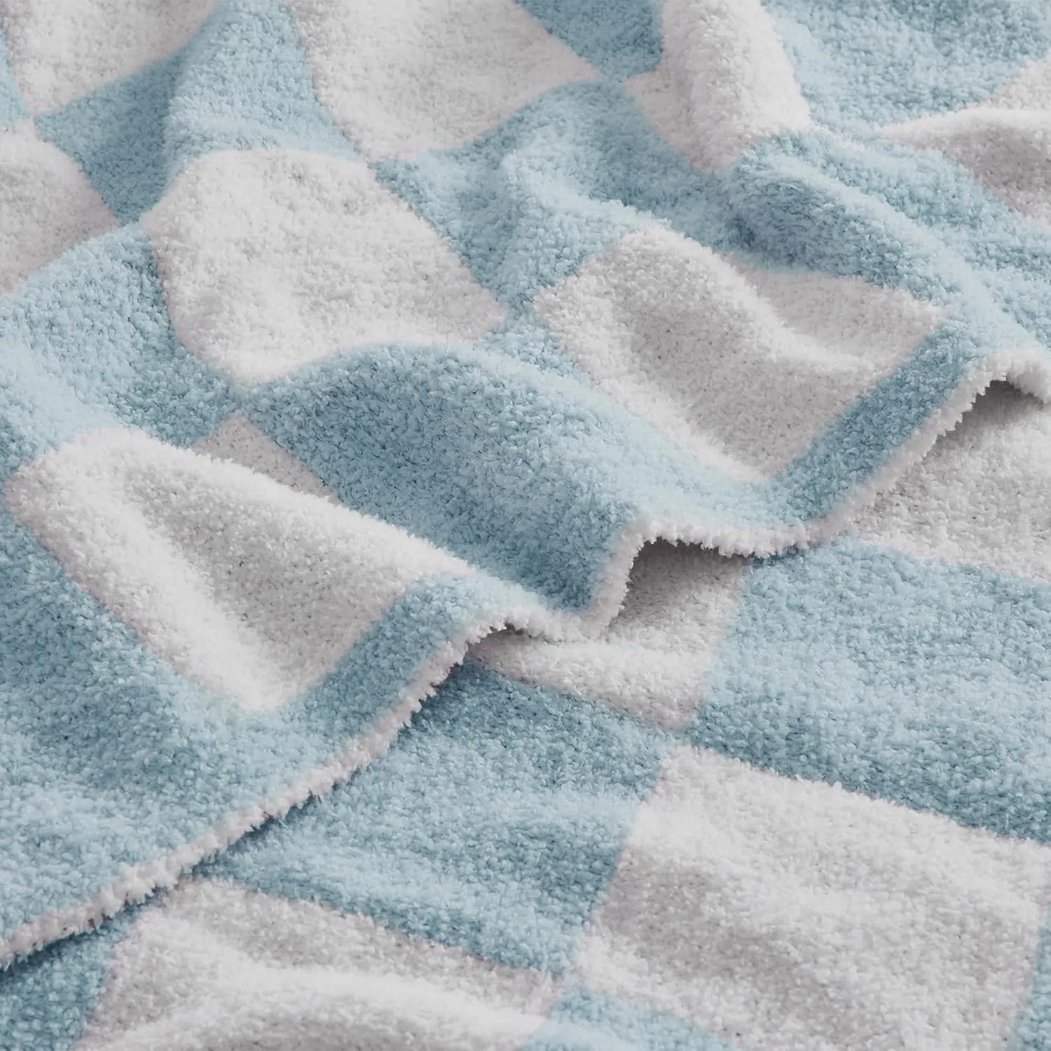 JOOJA Soft Cozy Checkerboard Blue Blanket - Fluffy Knit Throw for Couch - Plaid Checkered - 50x60 in