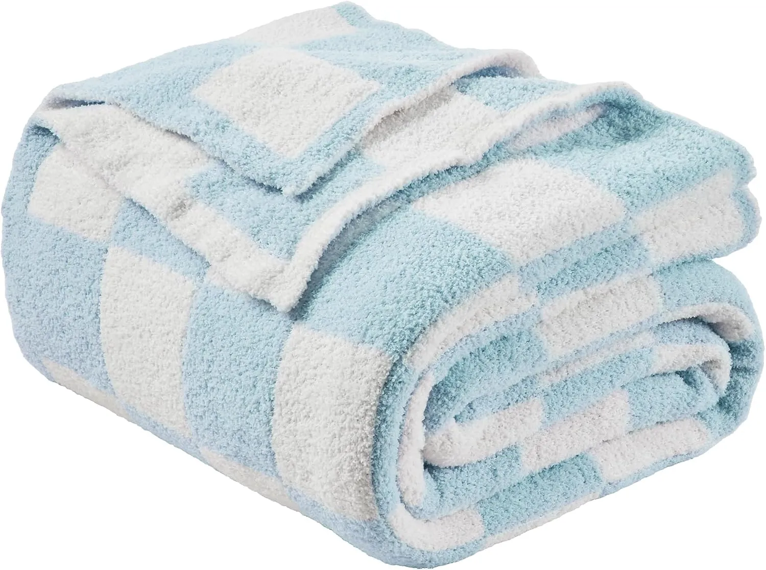 JOOJA Soft Cozy Checkerboard Blue Blanket - Fluffy Knit Throw for Couch - Plaid Checkered - 50x60 in