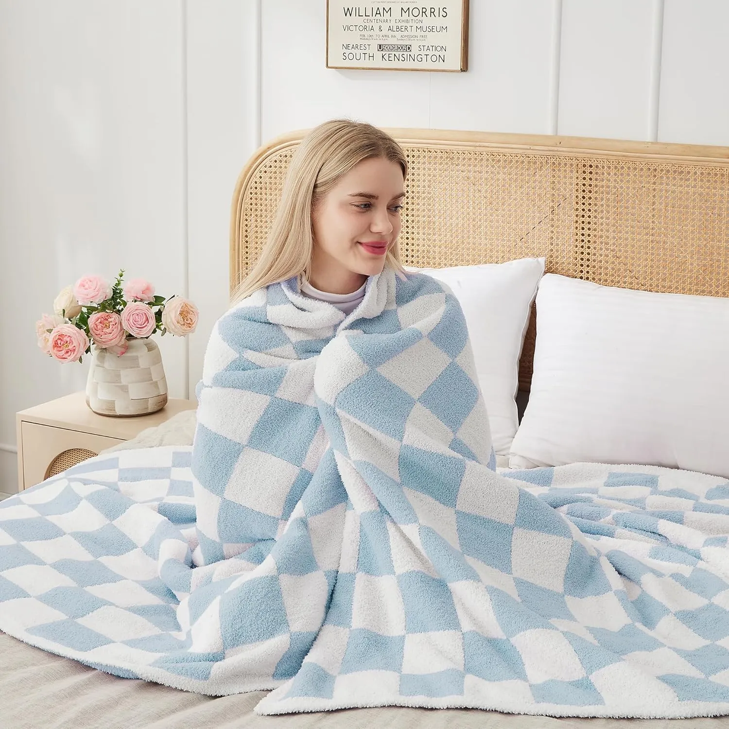 JOOJA Soft Cozy Checkerboard Blue Blanket - Fluffy Knit Throw for Couch - Plaid Checkered - 50x60 in