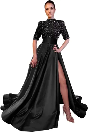 Jorshiman Sparkly Prom Dresses Long Ball Gowns Mock Neck Evening Dress A-line Formal Dress with Pockets