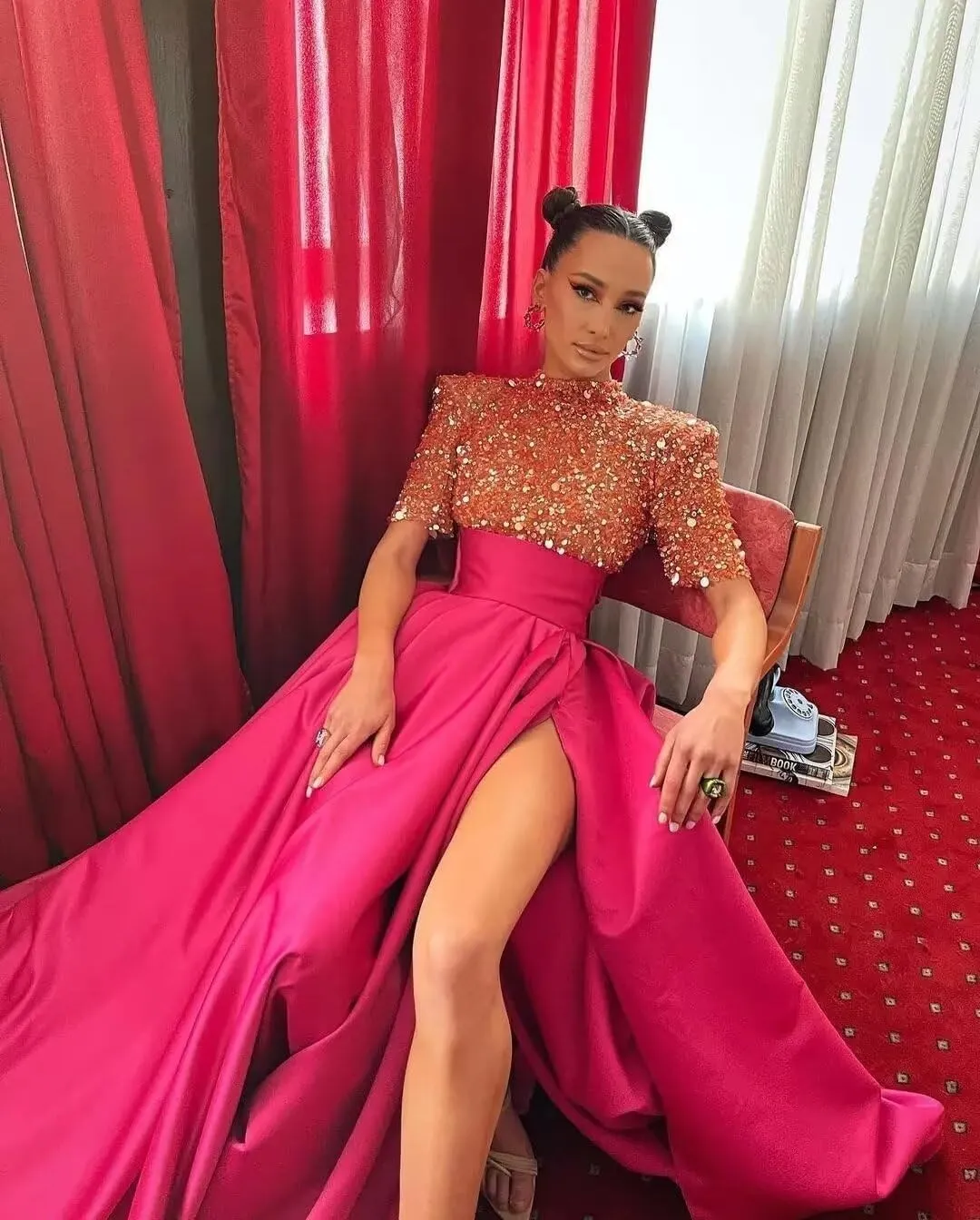 Jorshiman Sparkly Prom Dresses Long Ball Gowns Mock Neck Evening Dress A-line Formal Dress with Pockets