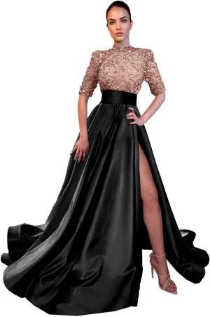Jorshiman Sparkly Prom Dresses Long Ball Gowns Mock Neck Evening Dress A-line Formal Dress with Pockets
