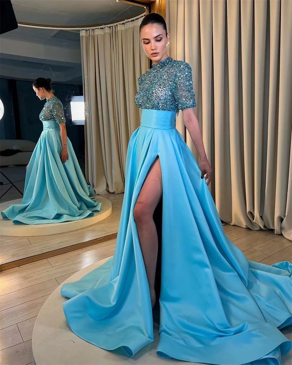 Jorshiman Sparkly Prom Dresses Long Ball Gowns Mock Neck Evening Dress A-line Formal Dress with Pockets