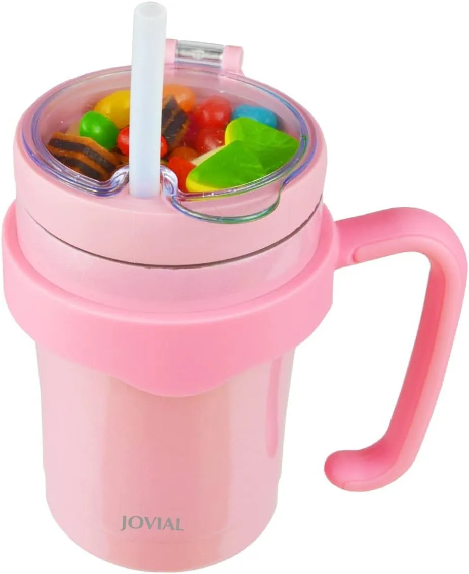 JOVIAL All In One Insulated Snack and Drink Cup 12 Oz-Glitter Pink