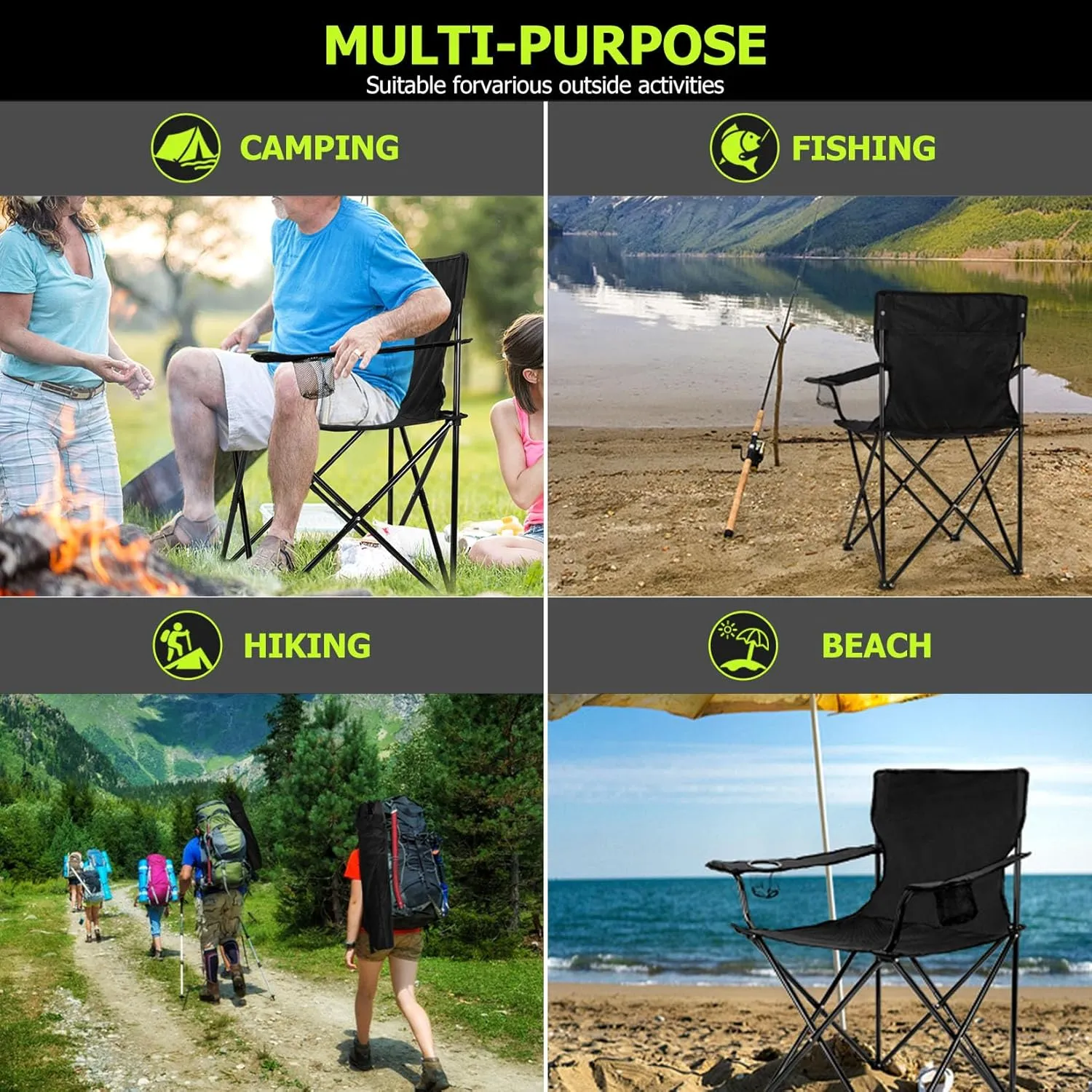 Joyfair Portable Camping Chair, Outdoor Lawn Folding Chairs for Adults, Heavy Duty Large Foldable Chairs for Beach, Fishing, Tailgating Outdoor Sport, 2 Cup Holders & Carry Bag