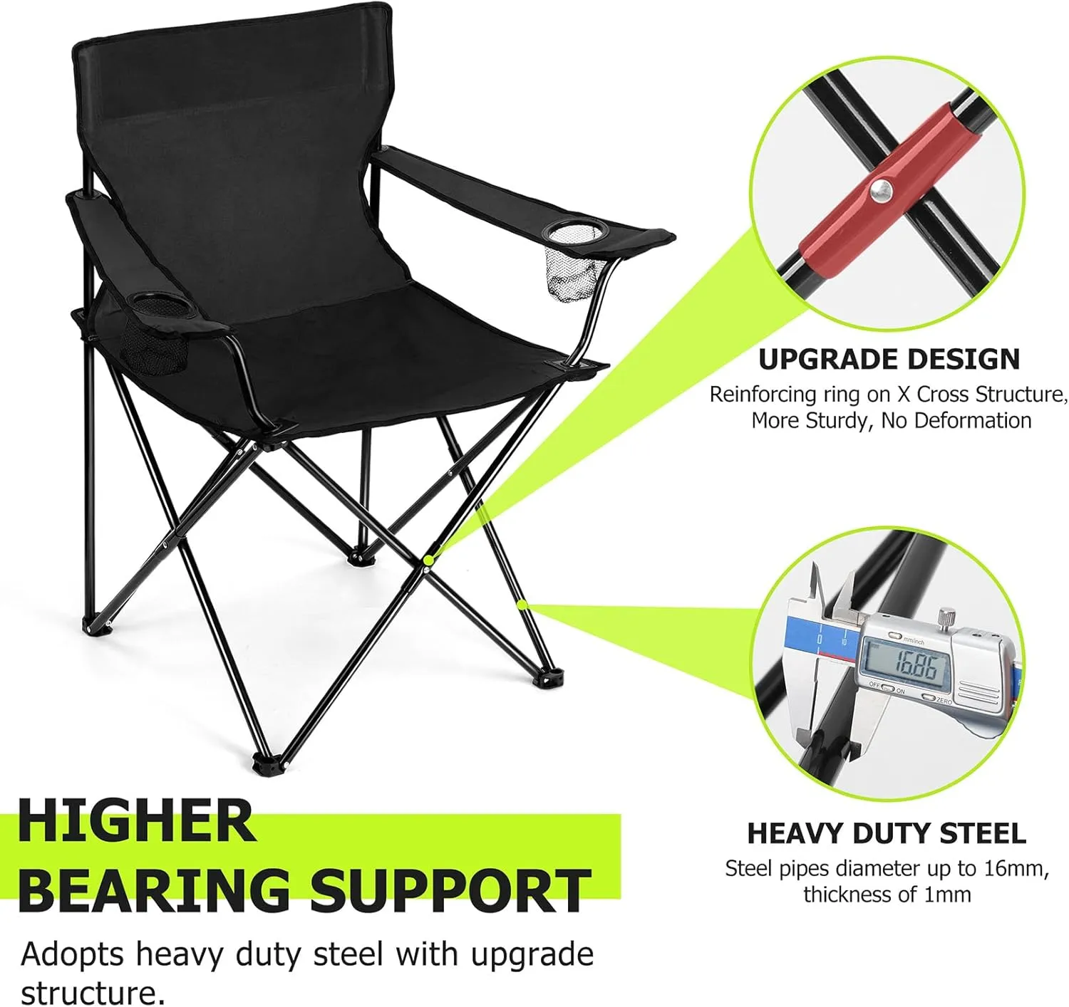 Joyfair Portable Camping Chair, Outdoor Lawn Folding Chairs for Adults, Heavy Duty Large Foldable Chairs for Beach, Fishing, Tailgating Outdoor Sport, 2 Cup Holders & Carry Bag