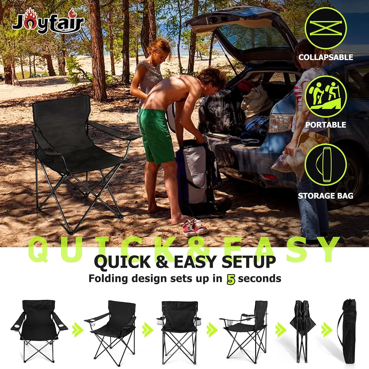 Joyfair Portable Camping Chair, Outdoor Lawn Folding Chairs for Adults, Heavy Duty Large Foldable Chairs for Beach, Fishing, Tailgating Outdoor Sport, 2 Cup Holders & Carry Bag