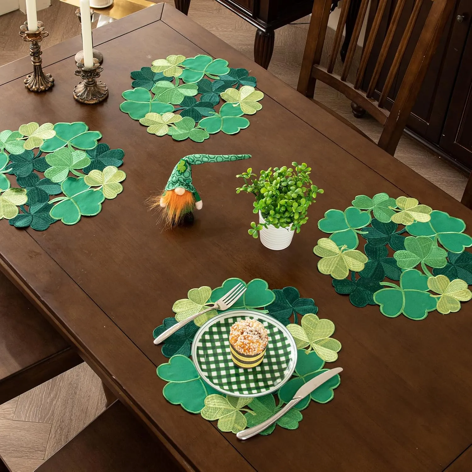 Joyfol Day Shamrock St. Patrick's Day Round Placemat Set of 4, Applique Embroidered Cutwork Clover Dresser Scarf for Home Kitchen Dining, Spring Irish Festival Tabletop Decoration (Round,14 inch)