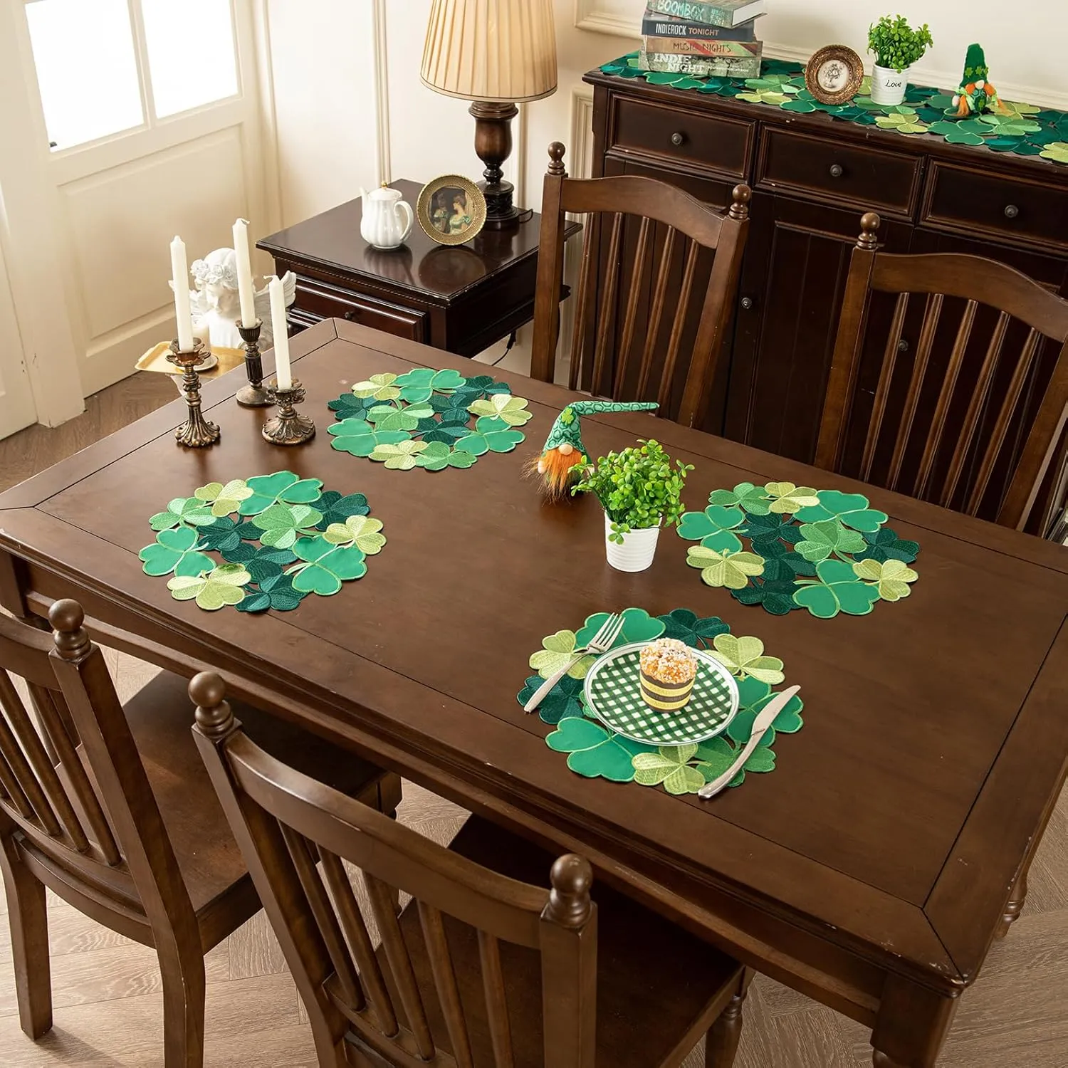 Joyfol Day Shamrock St. Patrick's Day Round Placemat Set of 4, Applique Embroidered Cutwork Clover Dresser Scarf for Home Kitchen Dining, Spring Irish Festival Tabletop Decoration (Round,14 inch)