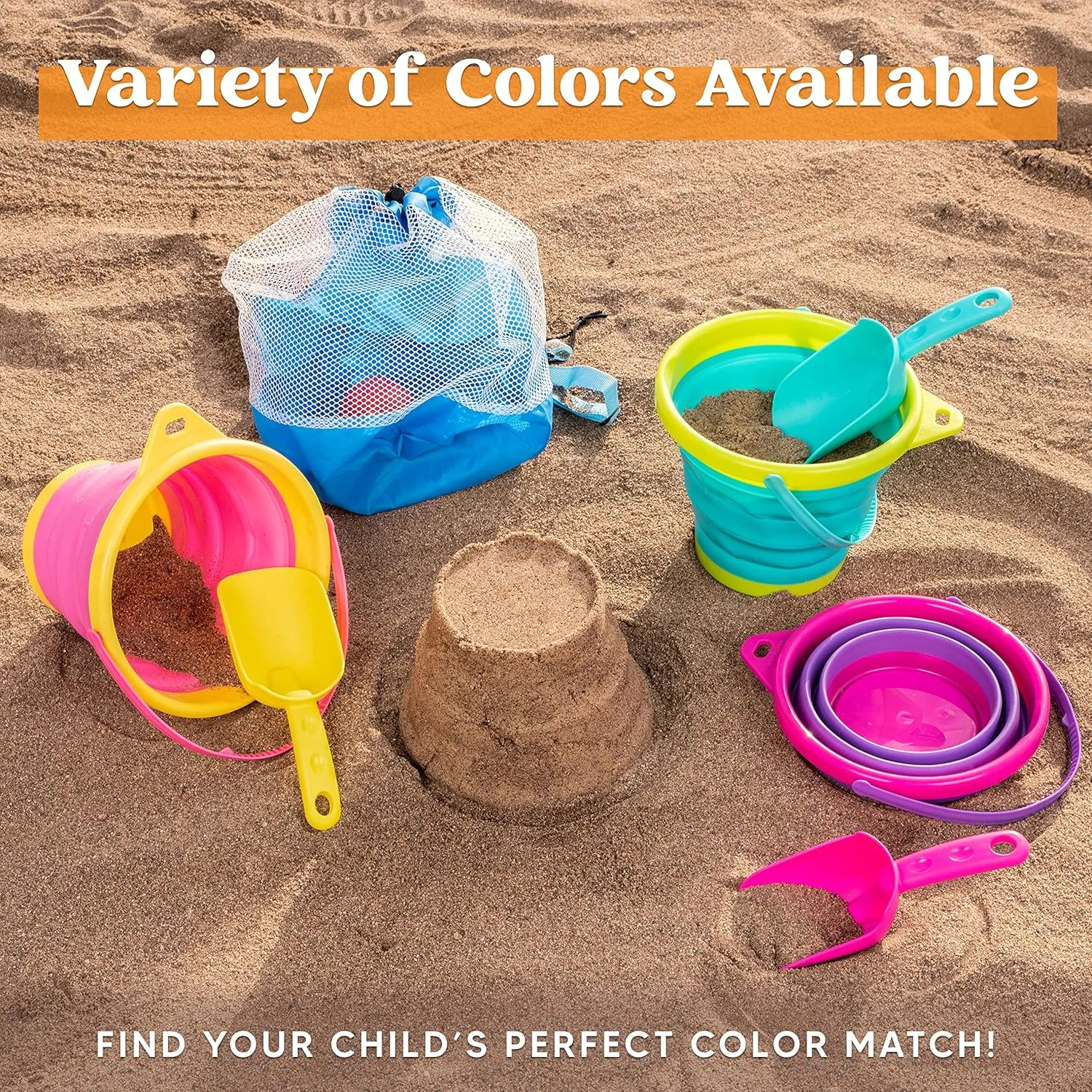 JOYIN Foldable Beach Bucket Set - 3 Packs Collapsible Toy Buckets with Shovels and Mesh Backpack for Kids Toddlers Party, Camping Gear, Travelling, Fishing Water Pail (Pink/Purple/Green)