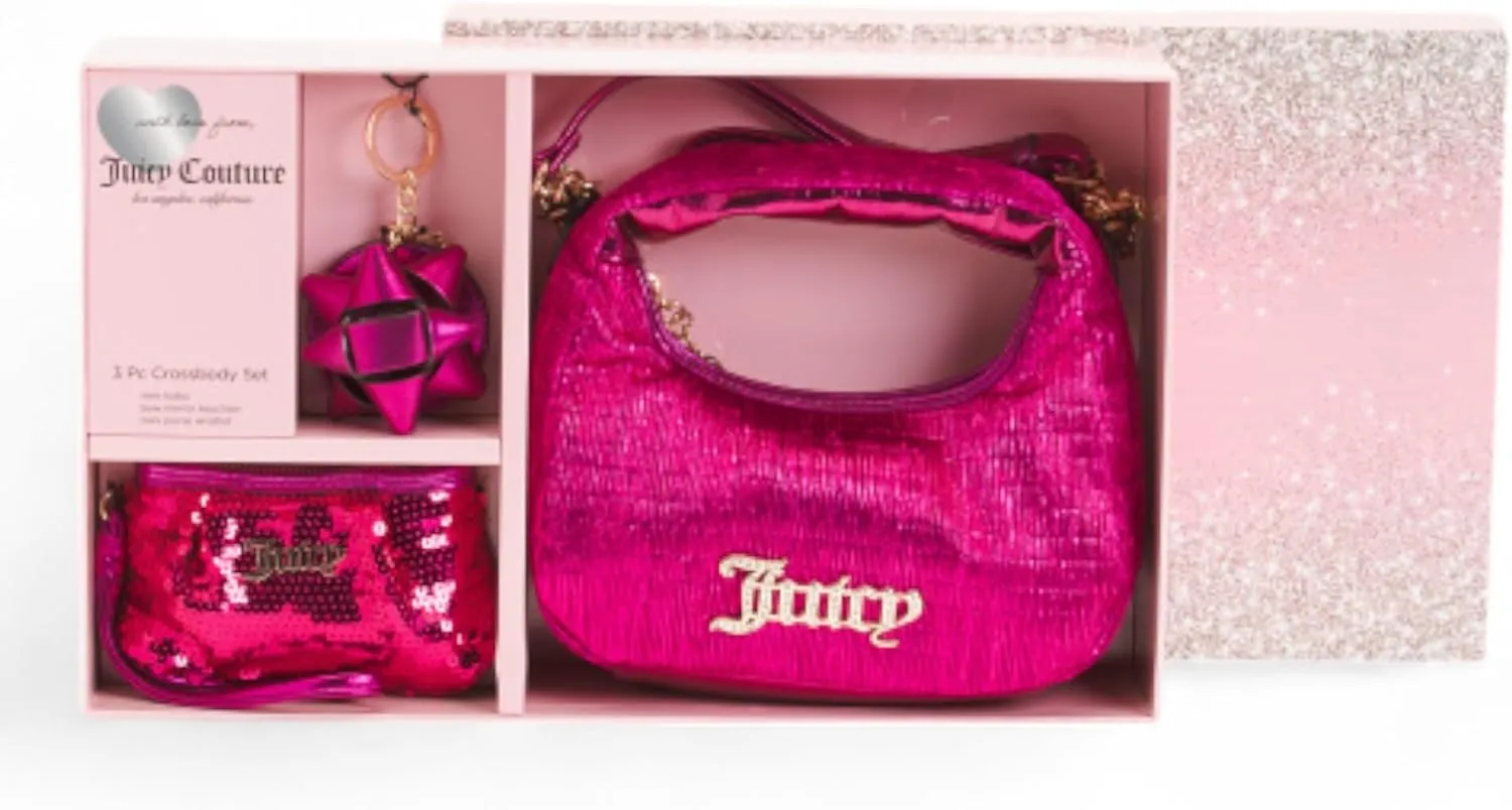 Juicy Couture Women’s 3 Piece Sequin Mini Hobo Bag with Wristlet and Keychain Gift Set