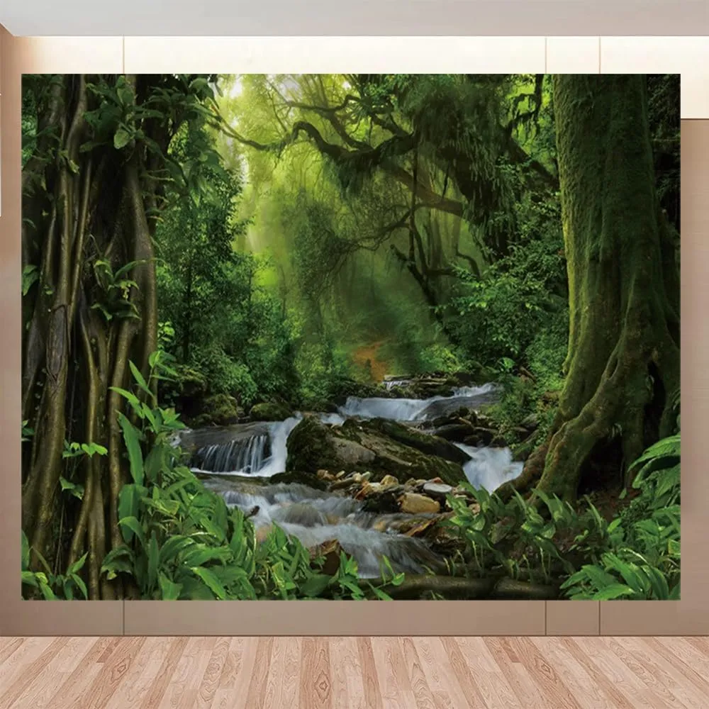 Jungle Forest Backdrop 10x8ft Tropical Rainforest Natural Scenery Enchanted Forest Photography Background Safari Kids Adults Birthday Party Banner Decorations Photo Booth Props