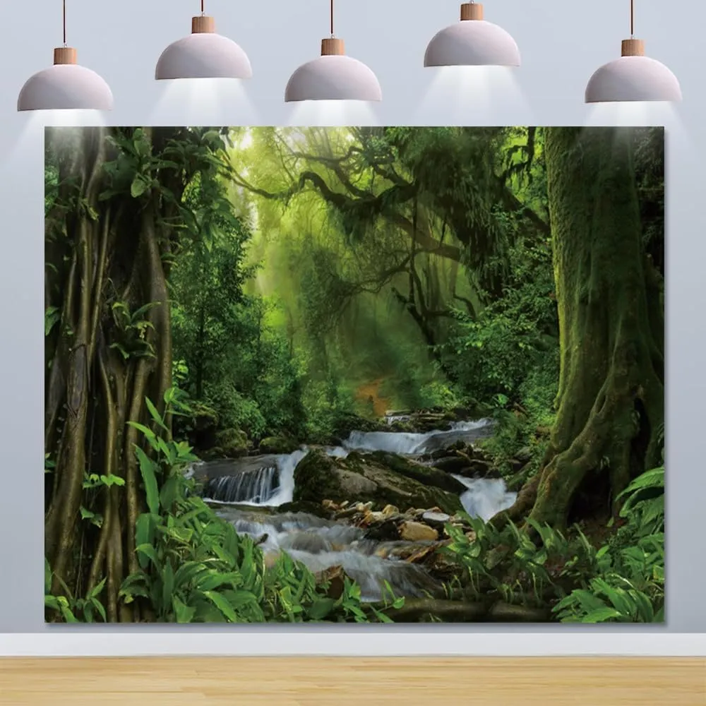 Jungle Forest Backdrop 10x8ft Tropical Rainforest Natural Scenery Enchanted Forest Photography Background Safari Kids Adults Birthday Party Banner Decorations Photo Booth Props
