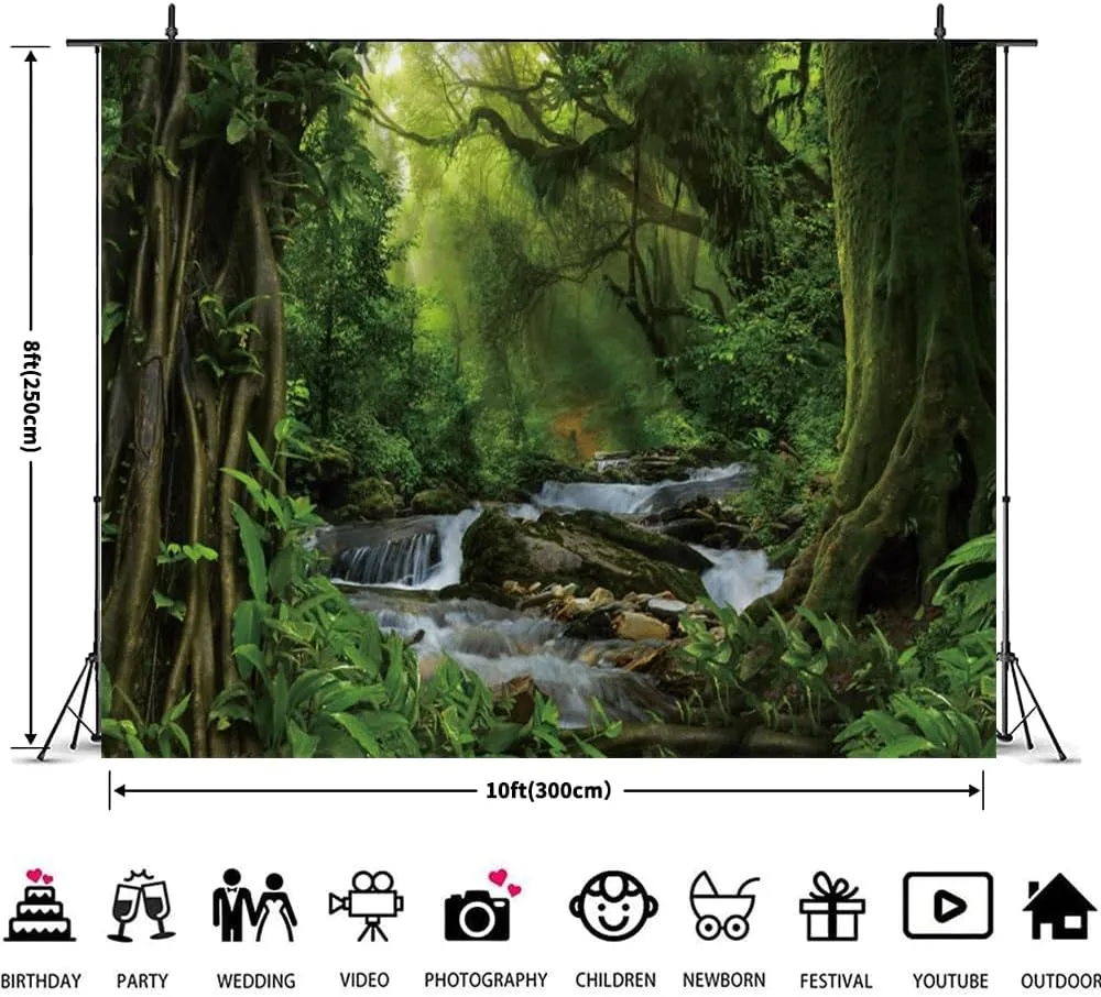 Jungle Forest Backdrop 10x8ft Tropical Rainforest Natural Scenery Enchanted Forest Photography Background Safari Kids Adults Birthday Party Banner Decorations Photo Booth Props
