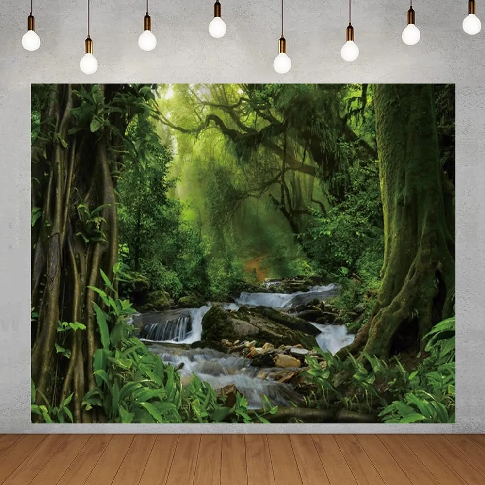 Jungle Forest Backdrop 10x8ft Tropical Rainforest Natural Scenery Enchanted Forest Photography Background Safari Kids Adults Birthday Party Banner Decorations Photo Booth Props