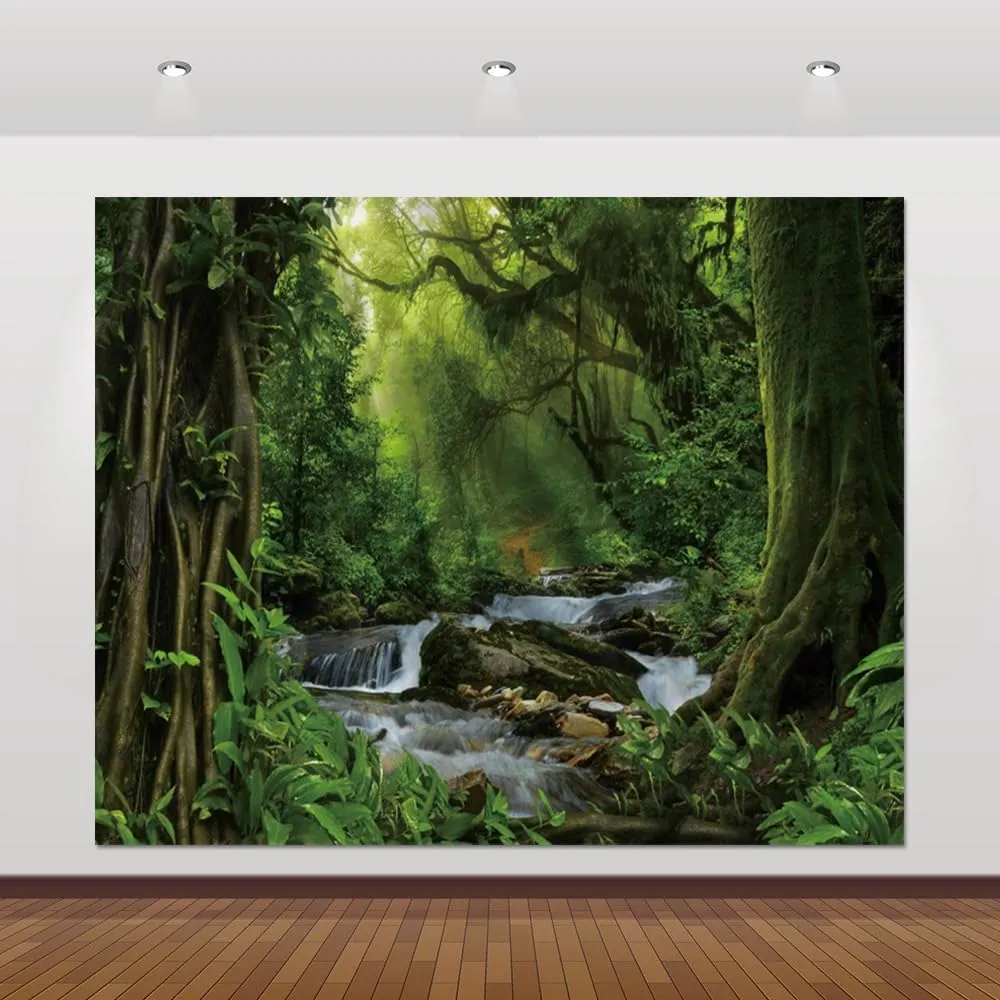 Jungle Forest Backdrop 10x8ft Tropical Rainforest Natural Scenery Enchanted Forest Photography Background Safari Kids Adults Birthday Party Banner Decorations Photo Booth Props