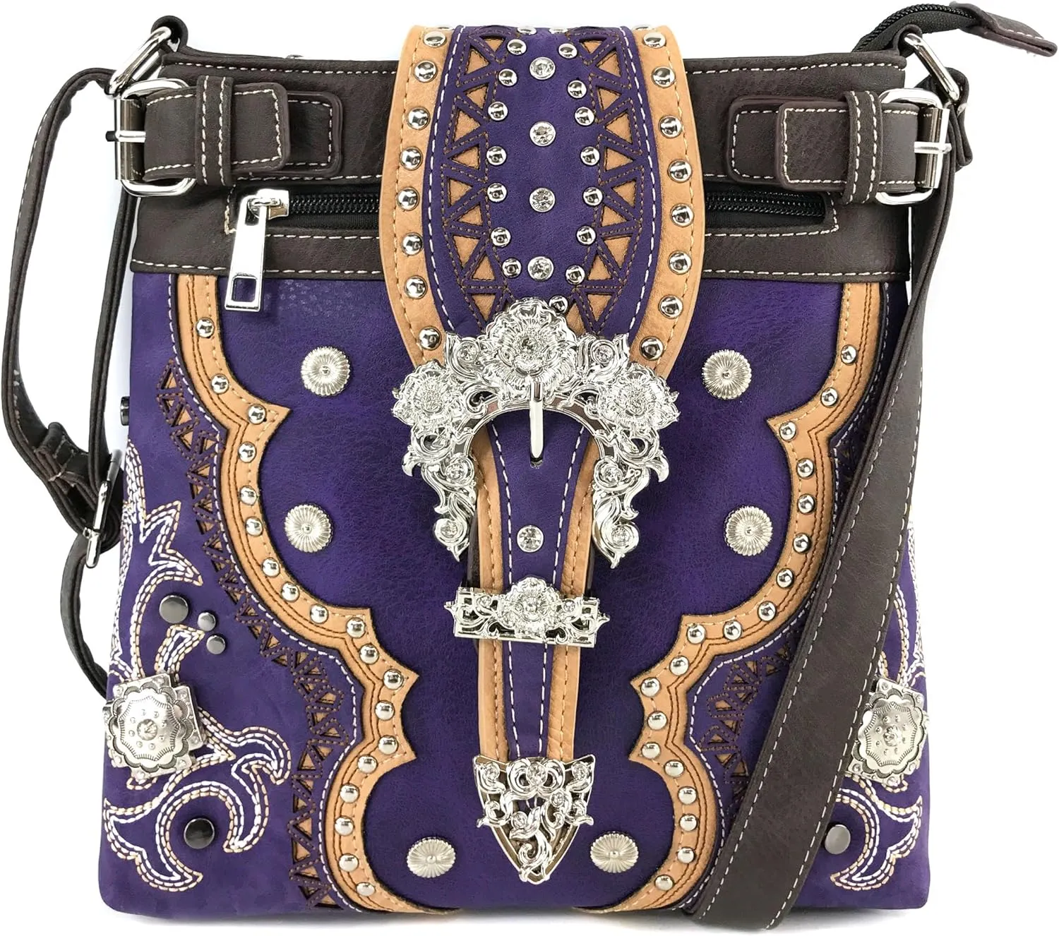 Justin West Concealed Carry Western Flower Buckle Embroidered Studded Messenger