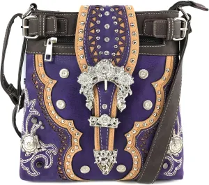 Justin West Concealed Carry Western Flower Buckle Embroidered Studded Messenger