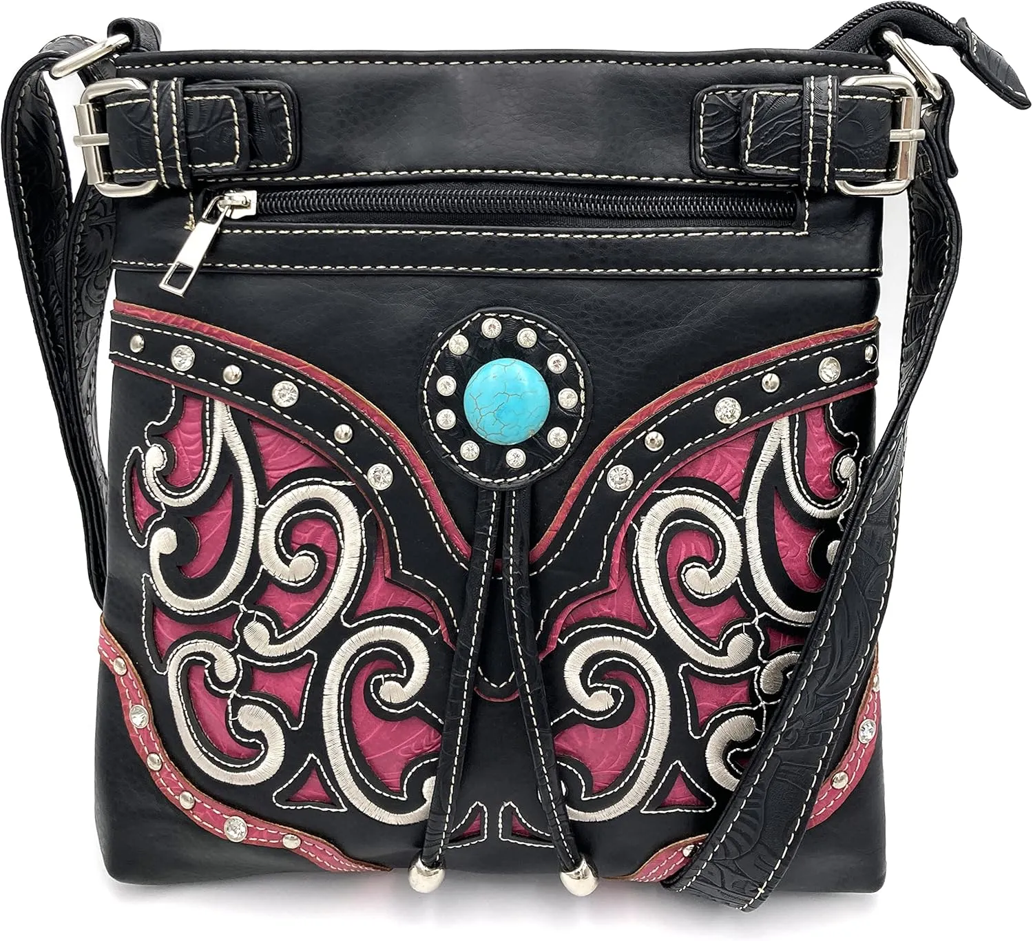 Justin West Floral Leather Turquoise Concho Rhinestone Messenger Bag Crossbody