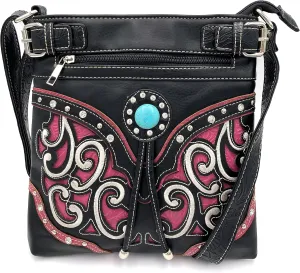 Justin West Floral Leather Turquoise Concho Rhinestone Messenger Bag Crossbody