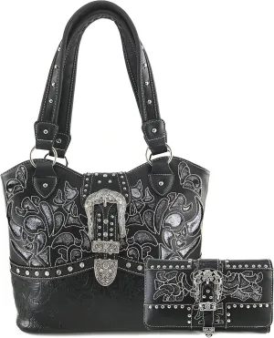 Justin West Gleaming Laser Cut Rhinestone Buckle Studded Concealed Carry Handbag Purse