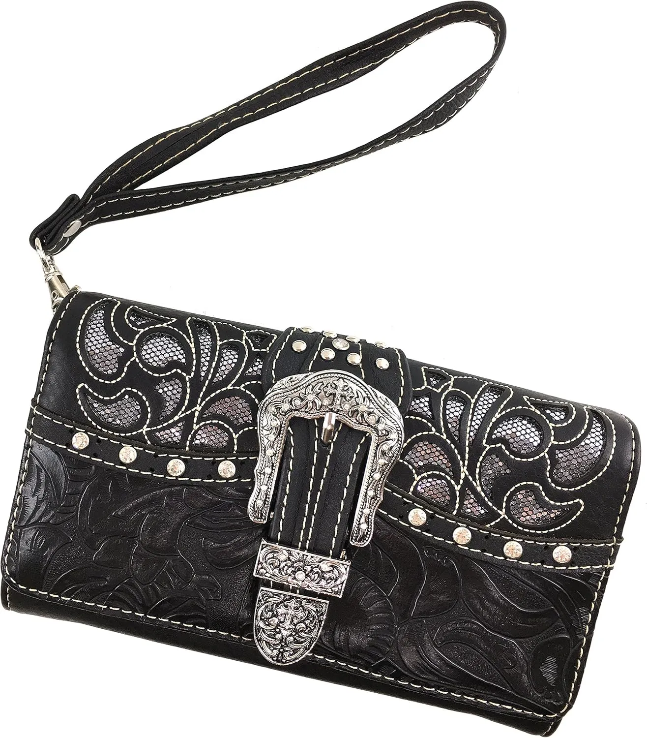 Justin West Gleaming Laser Cut Rhinestone Buckle Studded Concealed Carry Handbag Purse