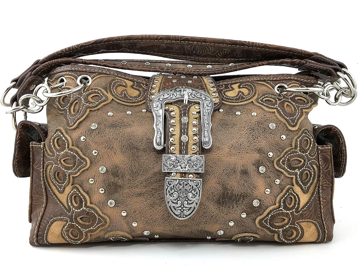 Justin West Gleaming Laser Cut Rhinestone Buckle Studded Concealed Carry Handbag Purse