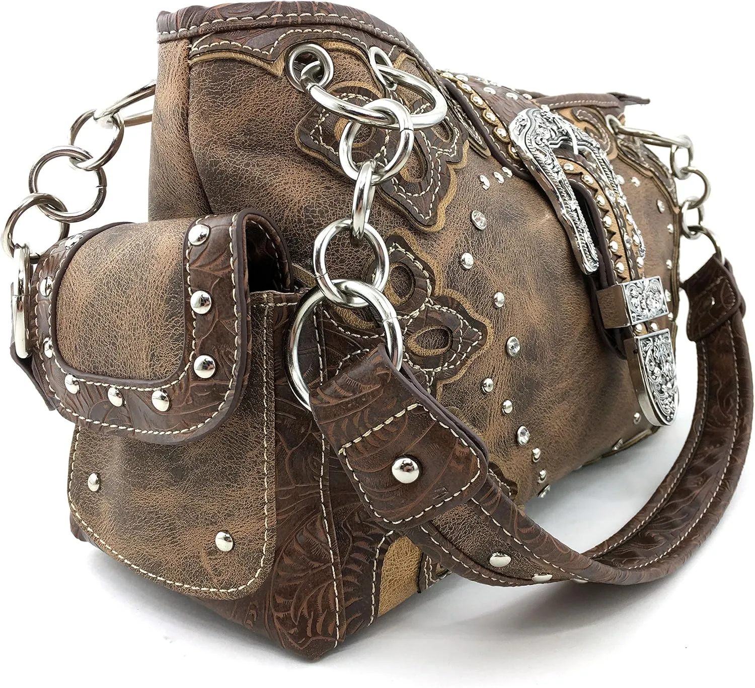 Justin West Gleaming Laser Cut Rhinestone Buckle Studded Concealed Carry Handbag Purse