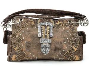 Justin West Gleaming Laser Cut Rhinestone Buckle Studded Concealed Carry Handbag Purse
