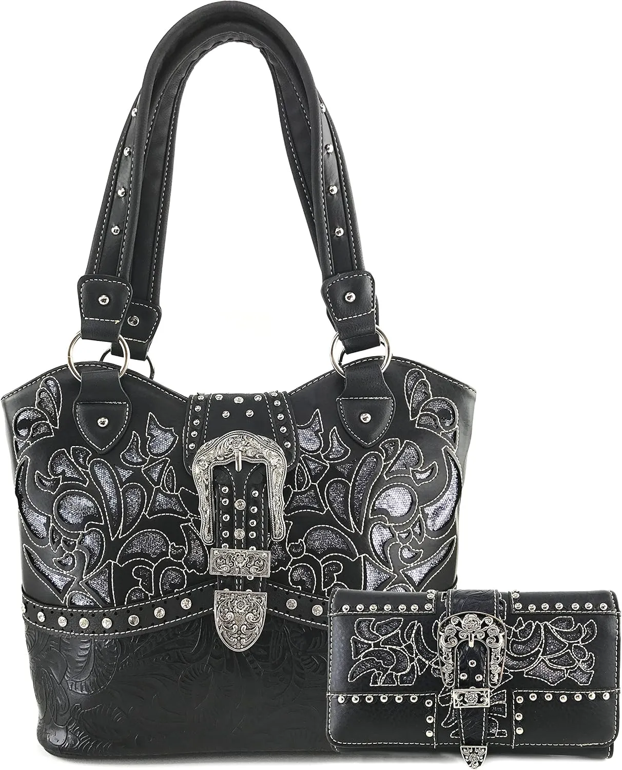 Justin West Gleaming Laser Cut Rhinestone Buckle Studded Concealed Carry Handbag Purse